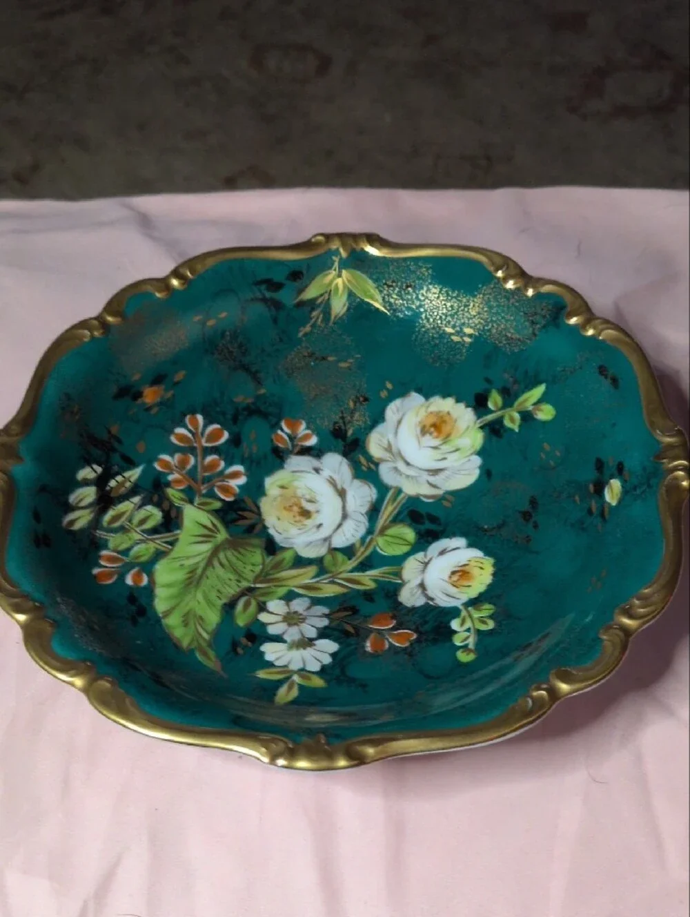 Rosen Thal Germany Hand-Painted Floral Decorative Bowl in Teal with Gold Trim